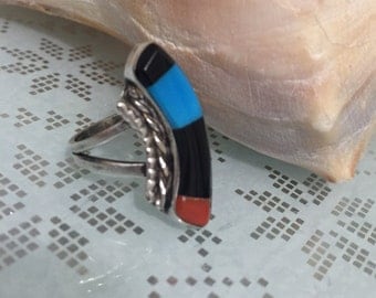 50% Off Vintage Genuine Arizona Sleeping Beauty Turquoise, Onyx, and Coral Native American Sterling Silver Artisan Ring, Size 6.
