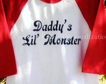 Daddy's Lil' Monster - Kids/Adults Raglan Shirt- Custom - Harley Quinn - Halloween Shirt