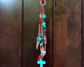 Rear View Mirror Charm Boho Hippie Cowgirl Car Decor Rearview Ornament Car Accessories for Women Red Turquoise Cross Arrow Angel Wing Beaded