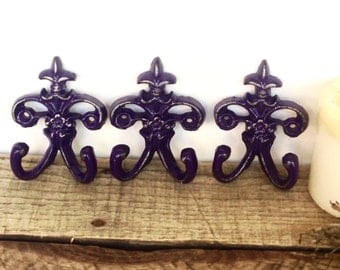 Fleur de Lis Wall Hooks - Purple/ or Choose Color - Entryway Wall Decor - Key Hook - Wall Key Holder - French Country Home Decor - Set of 3