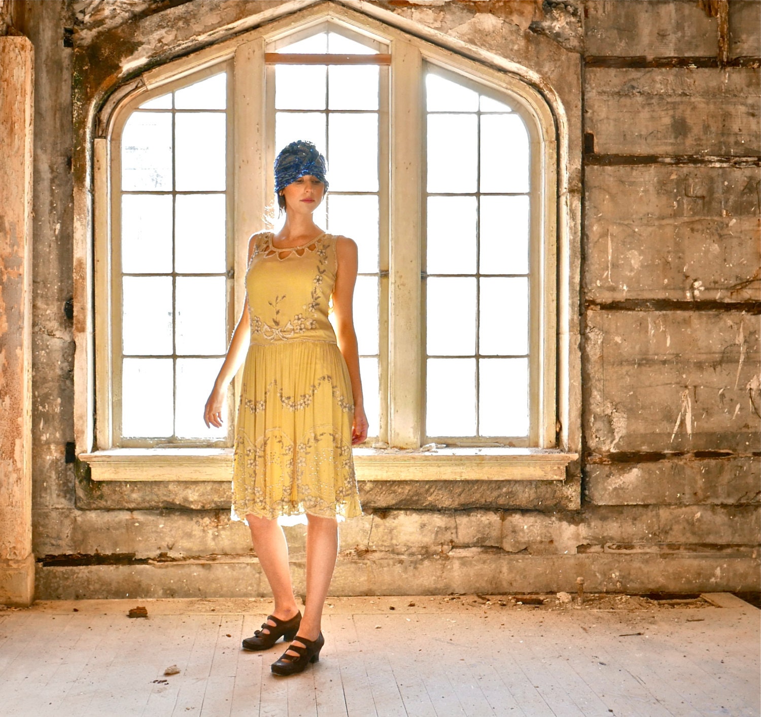 Yellow Silk Chiffon Beaded Flapper Dress with Slip Size Small