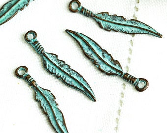 4 Feather Charms, Green Patina, 25 mm Greek Mykonos Casting Metal Charm Pendant DIY Native, Indian, Tribal (4 pieces)