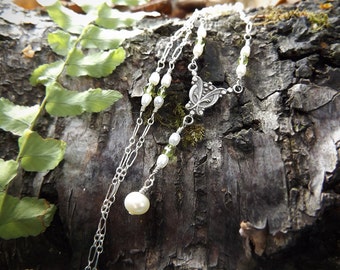 Neo-Victorian Olivine Czech Glass and Pearl Necklace by Quintessential Arts