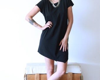 Black T shirt Dress, Asymmetrical Dress, Loose Dress, Open Back Dress, Summer Dress, Long Tunic Dress, Indie Fashion