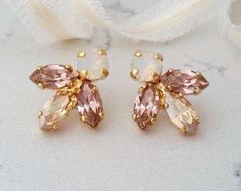 Blush earrings,Morganite earrings,Crystal stud earrings,Bridesmaid gift, Petite blush earrings,Blush Cluster earring,Vintage Bridal earring