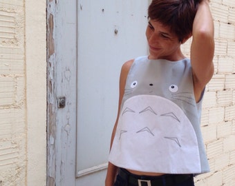 Open back totoro crop top, totoro clothing, totoro blouse for woman, adults totoro clothing, open back surprised totoro top, for her