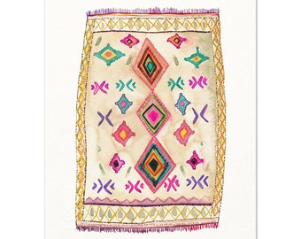 Moroccan Rug. Watercolor Rug Illustration. Bohemian Decor. Hippie Wall Art. Modern Boho Wall Art.