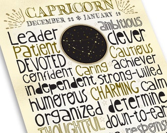 Zodiac Art Print - Capricorn Design Constellation - Astrological Traits - Unique Typography Design