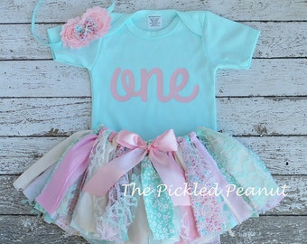 Pink and Mint Birthday Outfit Birthday Tutu 1st Birthday Outfit Baby Tutu baby Skirt Girls Birthday Outfit Fabric Tutu Baby Girl Skirt