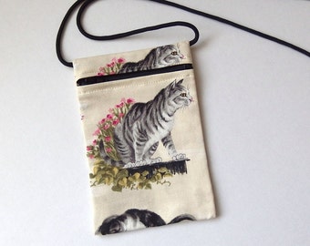 Pouch Zip Bag CAT Fabric - great for walkers, markets, travel. Cell Phone Pouch. Small fabric Purse. Cross Body bag. tabby cat bag