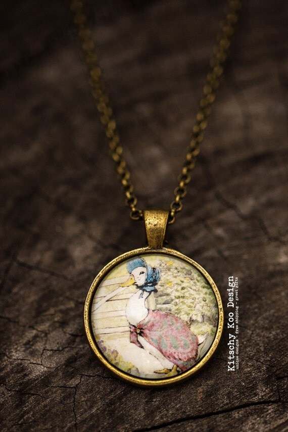 FREE SHIPPING - Peter Rabbit Glass Pendant Necklace - jewellery - jewelry - Beatrix Potter - Jemima Puddleduck - Book necklace -