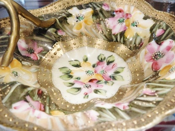 1800s Nippon Moriage Nappy Lemon Dish Victorian Hand Painted Porcelain Gold Beading Bead Floral Flowers Japan Antique Porcelain Dish Home