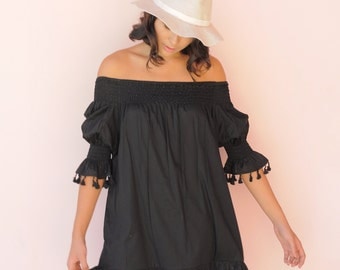Mimi Summer Dress - Boho Dress - Black Cotton Tassel - Off Shoulder Dress - Code: KH006 (A)