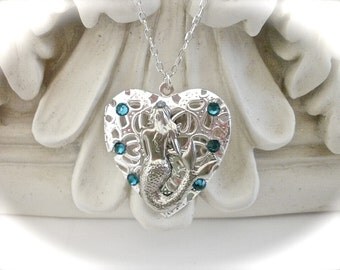 Mermaid Heart Shape Locket Necklace, Antique Silver Locket Necklace, Nautical Locket, Heart Shape Filigree Locke Necklace, Gift for Her