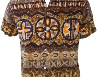 1960s Large Shirt Tiki Tropical Polynesian Tribal African Batik Mens Brown Native Retro Hawaiian Cave Symbols Voodoo Ritual Resort Luau Mod