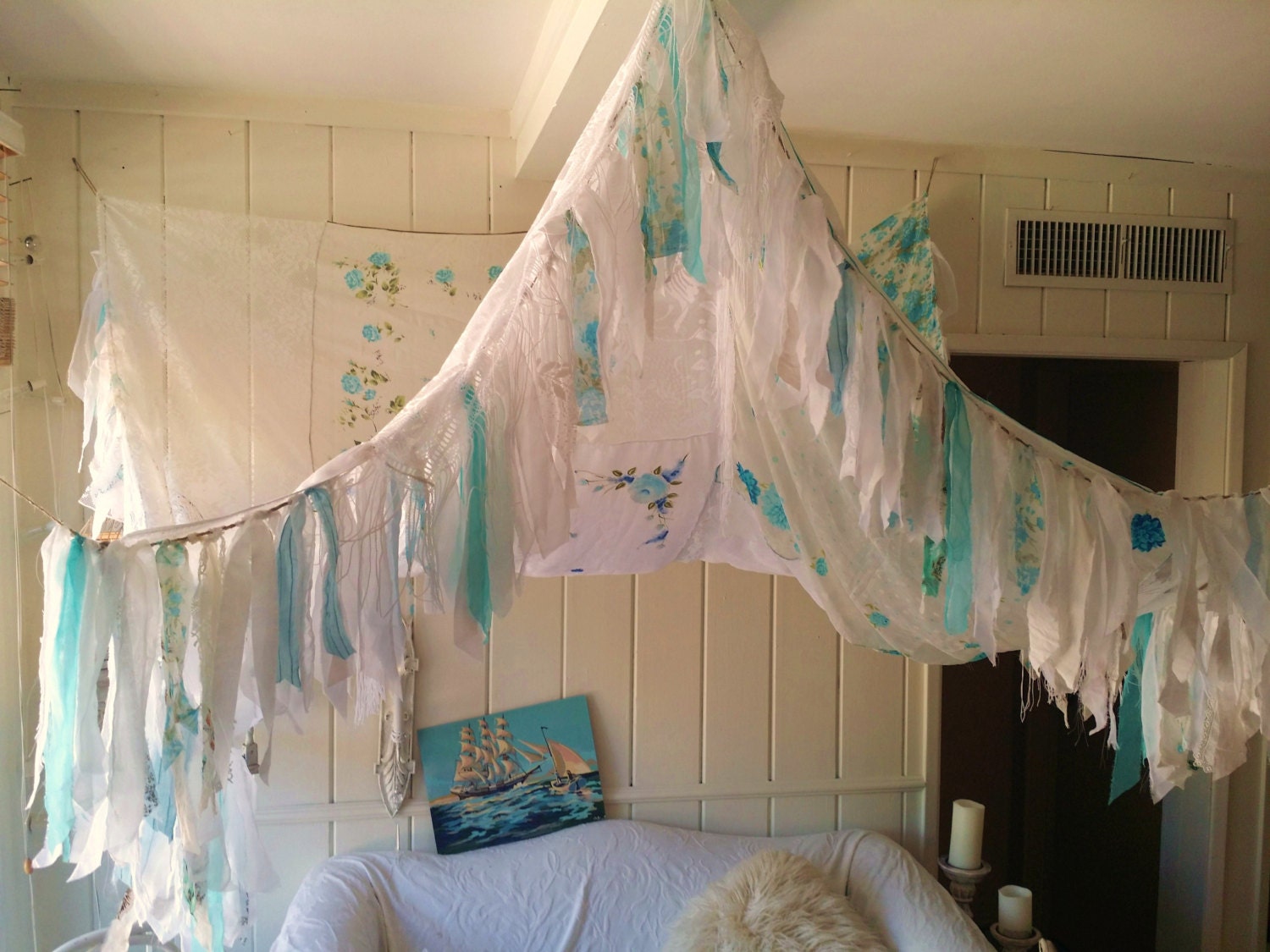 Boho Bed canopy Shabby Chic nursery wedding Bohemian Hippy vtg