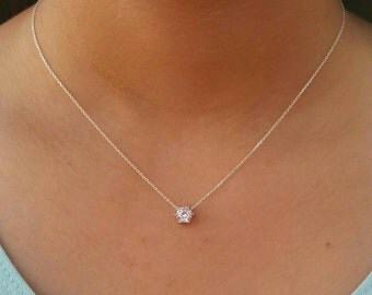 Floating diamond necklace, 925 sterling silver necklace, single diamond, CZ diamond, wedding necklace, anniversary gift, bridesmaid gift