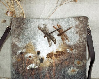 Sepia. Unique Hand Made Felted Wool Deer Shoulder Crossbody Messenger Bag Boho Hobo