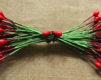 NEW! Tiny Holly Berry Twist Ties - 36 Vintage Style Double Ended Red Berry Millinery Stamens - Festive Christmas Package Twisties