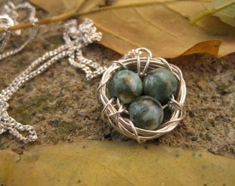 Mother's Day Three Bird Nest with Robin Eggs and Sterling Silver; Robin Bird Nest Necklace, Three Egg Nest, Three Bird Nest