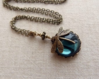 Ink Moon . Dragonfly necklace, short brass chain,victorian dragonfly inkblue glass cabochon chain summer dark blue montana saphhire boho