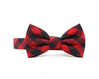 Red Gingham Dog Bow Tie Collar Black Check Buffalo Plaid Dog Bowtie Collar Winter Dog Collar Bow Tie - Darcy