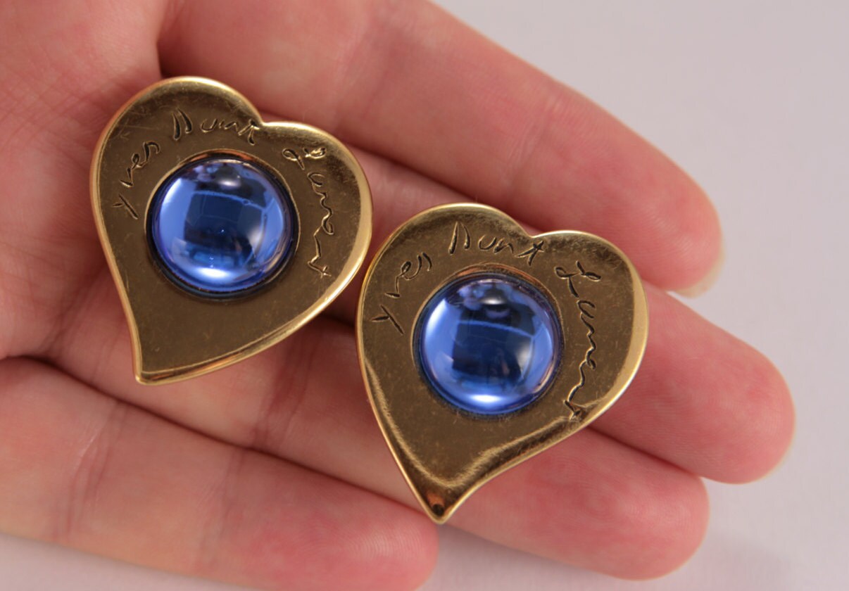 YSL Heart Earrings Yves Saint Laurent Vintage Blue Earrings