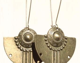 Boho Earrings Bohemian Earrings Dangle Aztec Tribal Ethnic Art Deco Earrings Brass Earrings Huge Long Earrings Geometric Large Gift For Her