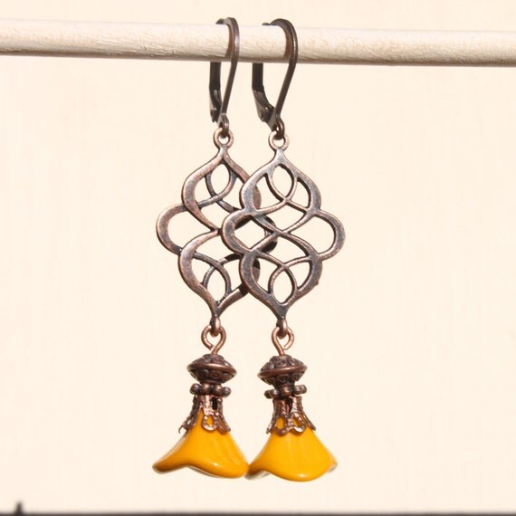 Yellow Mustard Earrings Copper Earrings Czech by NtikArtJewelry