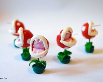 Piranha Plant Earrings, Super Mario entirely handmade in polymer clay ( fimo)