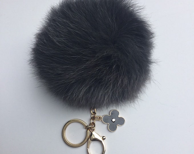 Dark Gray fox fur Pompon bag charm pendant Fur Pom Pom keychain keyring with flower charm
