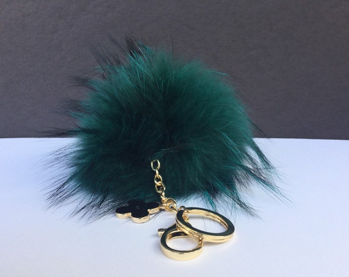 Emerald with natural markings Raccoon Fur Pom Pom luxury bag pendant + black flower clover charm keychain