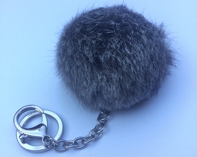 Gun Metal series Rabbit fur pom pom ball with elongated keychain in Natural Grey
