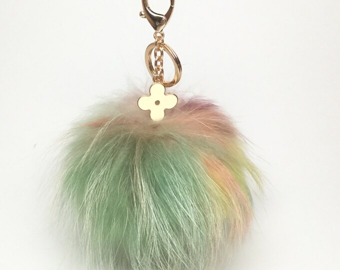 NEW Collection Dimensional Swirl™ Multi Color Raccoon Fur Pom Pom bag charm clover flower charm keychain piece no.266