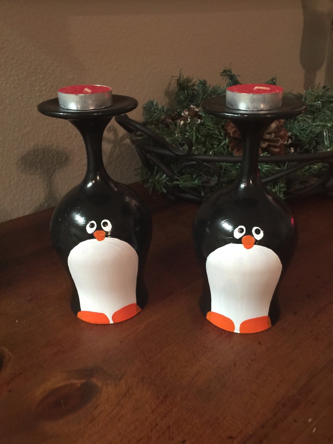 Hand painted Christmas wine glass candle holder by DebDebsCrafts