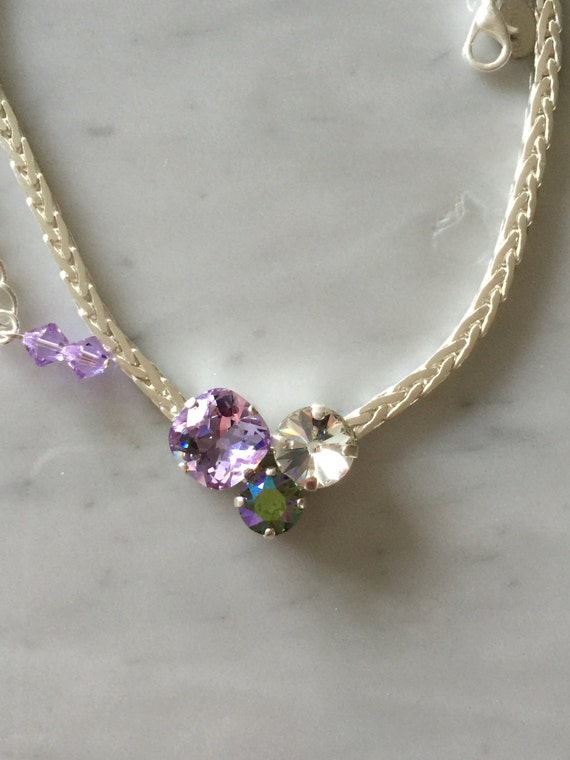 Matte Silver SALE **Swarovski Trio Crystal Necklace, Violet Crystal Necklace, Swarovski Violet Crystal Necklace, Purple Crystal Necklace