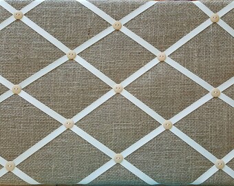 Burlap Fabric Shabby Chic Memory Board, Memo Board, Pin Board, Cottage Chic, Ribbon Board, Bulletin Board, Nailhead, Business Card, Photo