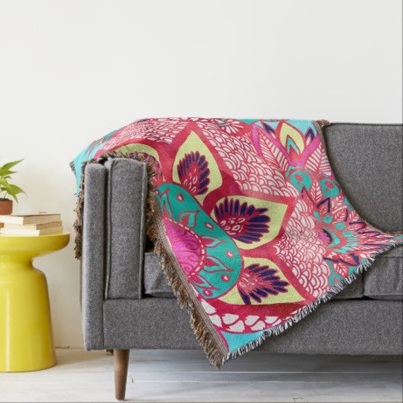 Items similar to Bohemian Floral Mandela Throw blanket, Beach Blanket ...