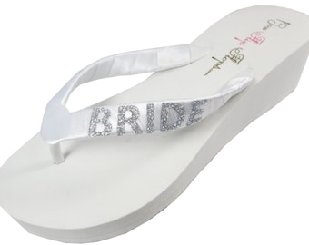 Ivory or White Wedge Bridal Flip Flops, Wedding Bride Flip Flops, Silver sparkle or choose glitter- all sizes- all heel heights- white/ivory