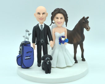 Custom wedding cake topper, Bride and groom golf cake topper, personalized cake topper, Mr and Mrs cake topper, custom Horse cake topper