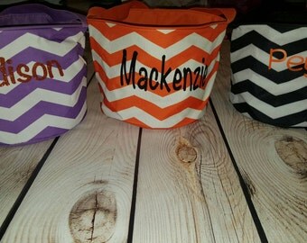SALE-Personalized Halloween Buckets with Handles, Halloween Totes, Orange, Black and Purple Glitter Personalized Halloween Bags, Chevron