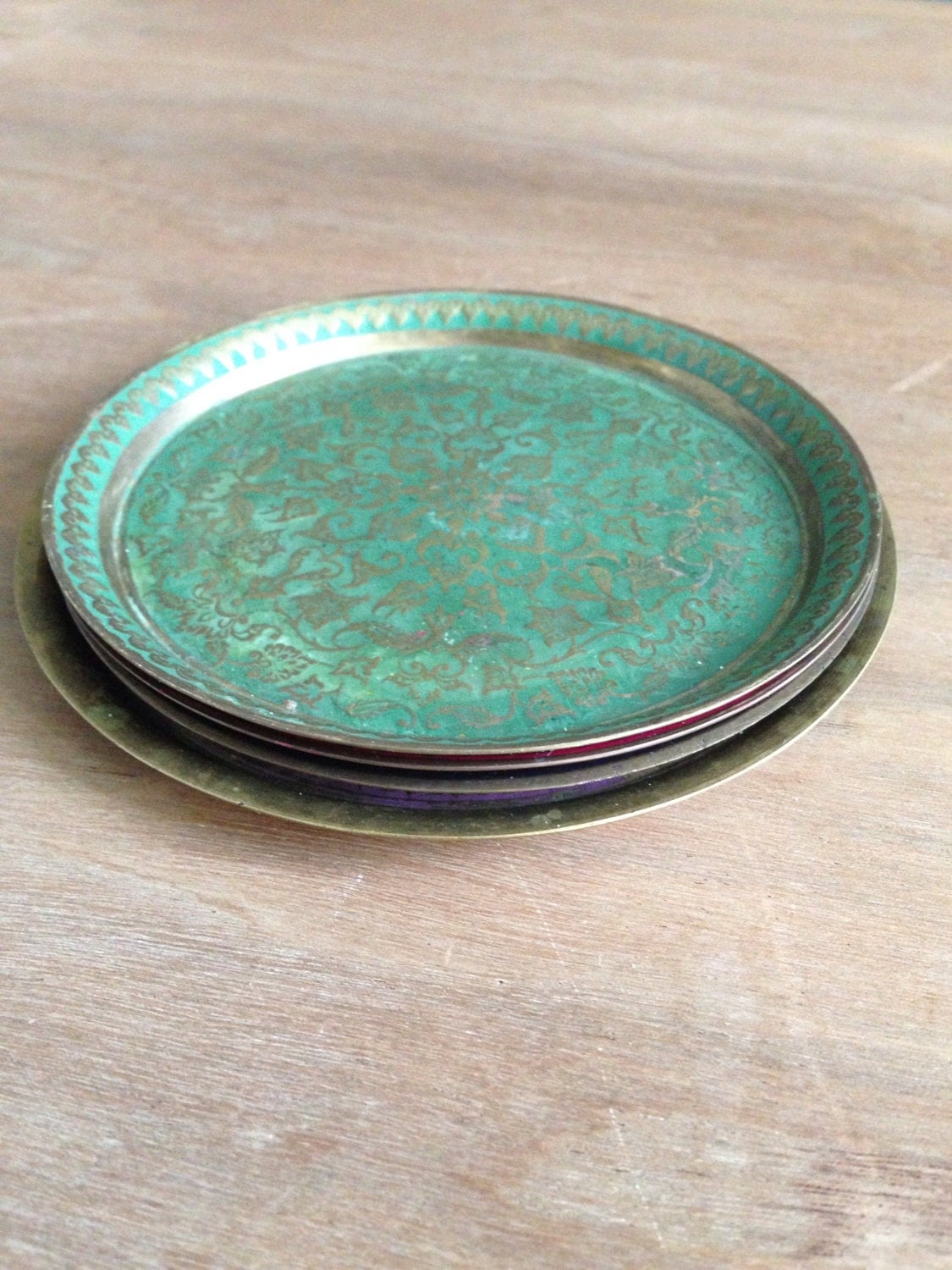 Set Of 4 Vintage Brass Enameled Coasters