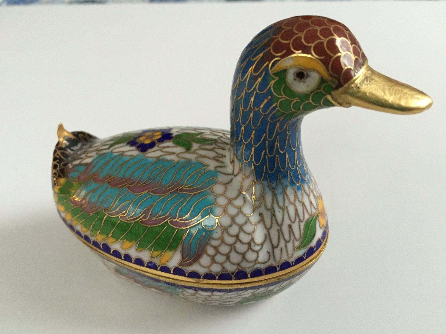 Cloisonne Duck Brass Lidded Trinket Dish Bowl Love Symbol