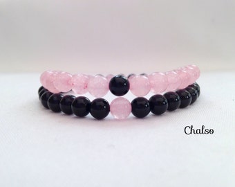 You Complete Me couples bracelets with black agate and rose quartz, Anniversary gift, girlfriend gift, boyfriend gift, his and hers