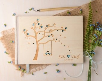 LoveBirds Wedding Guestbook, Wood Guestbook, Wooden Wedding Guest Book, Custom Guestbook, Modern Guestbook, Engraved Wedding Guestbook
