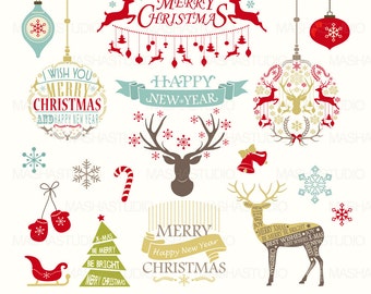 Christmas clip art: "Christmas Clipart" with vector Christmas Clipart, Christmas frames, Reindeer, 18 images, 300 dpi. PNG, EPS files