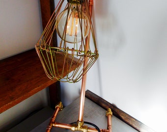 Copper Industrial Table Desk Lamp With Vintage Brass Cage & Edison Style Light Bulb