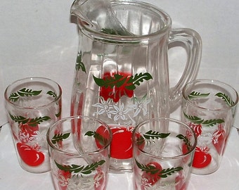 ZERO SHIPPING! Vintage Anchor Hocking Tomato Juice Set - Pitcher & 4 Juice Glasses