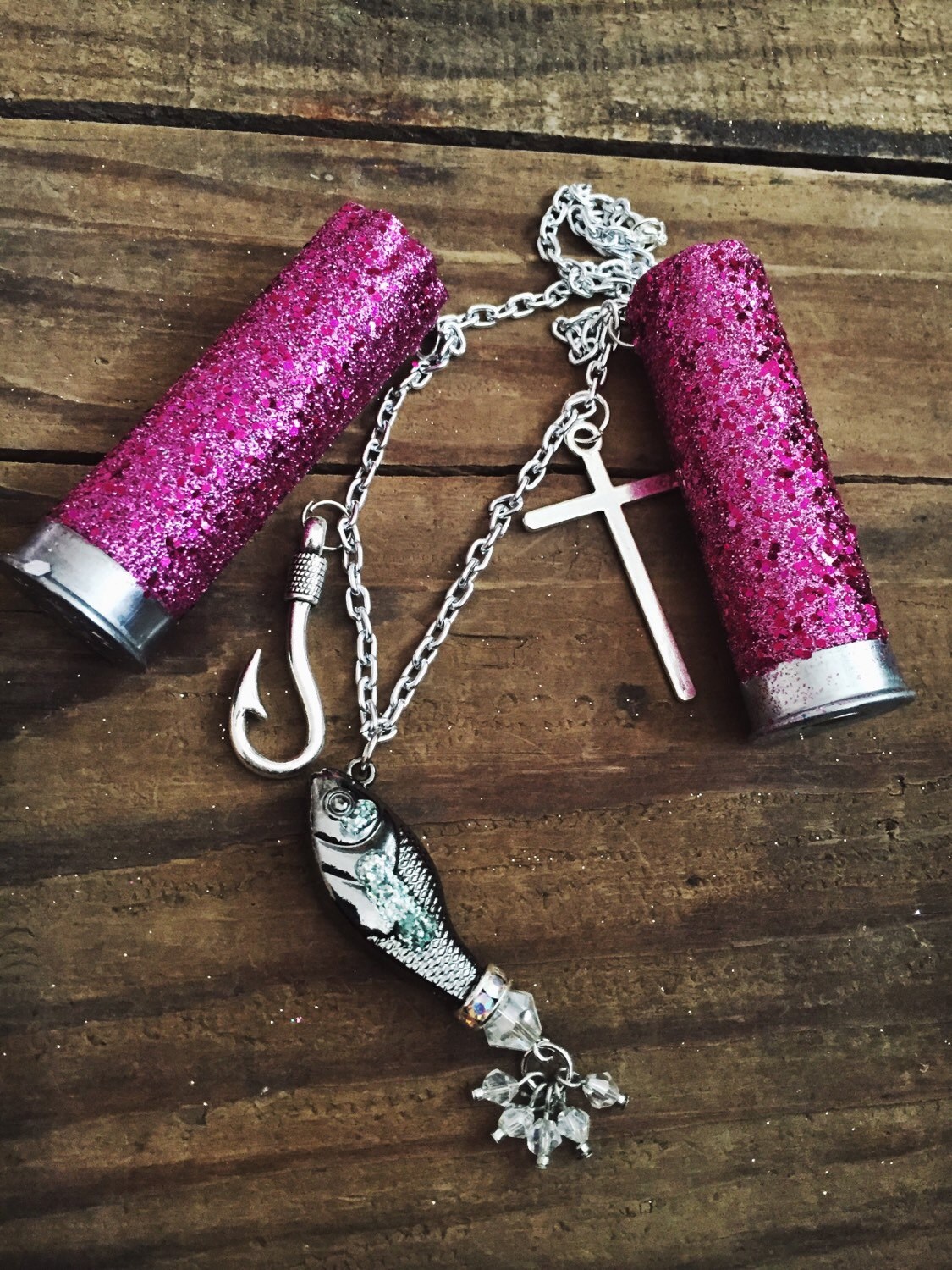 Gunmetal Fish Pendant Rear View Mirror Hanger with Hot Pink