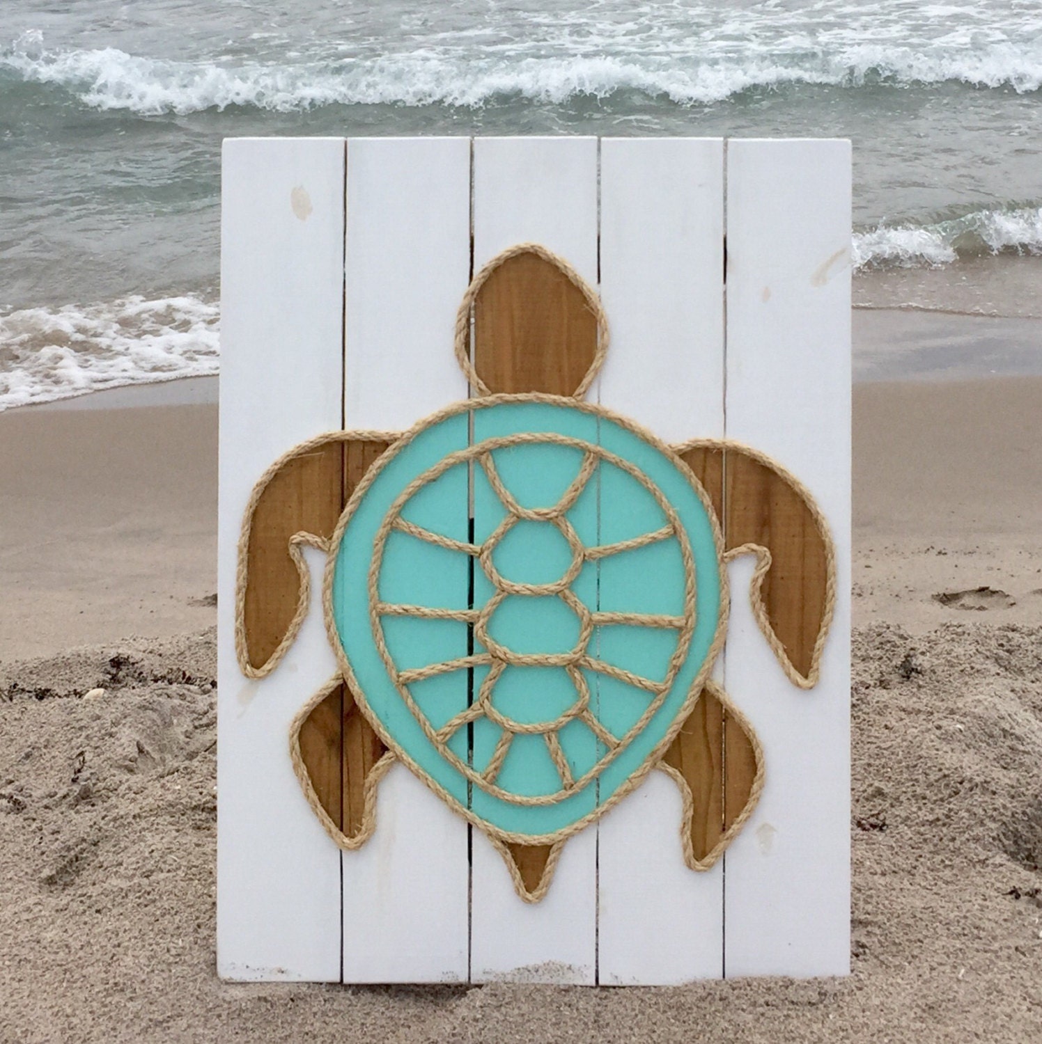 Handmade Turtle with Rope© Beach Pallet Art Coastal Decor Rope